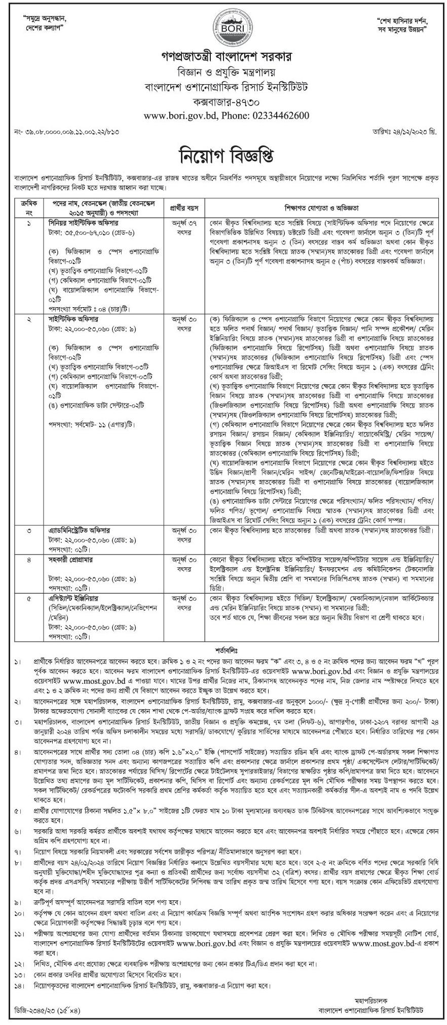 Bangladesh Oceanographic Research Institute (Bori) Job Circular 2024