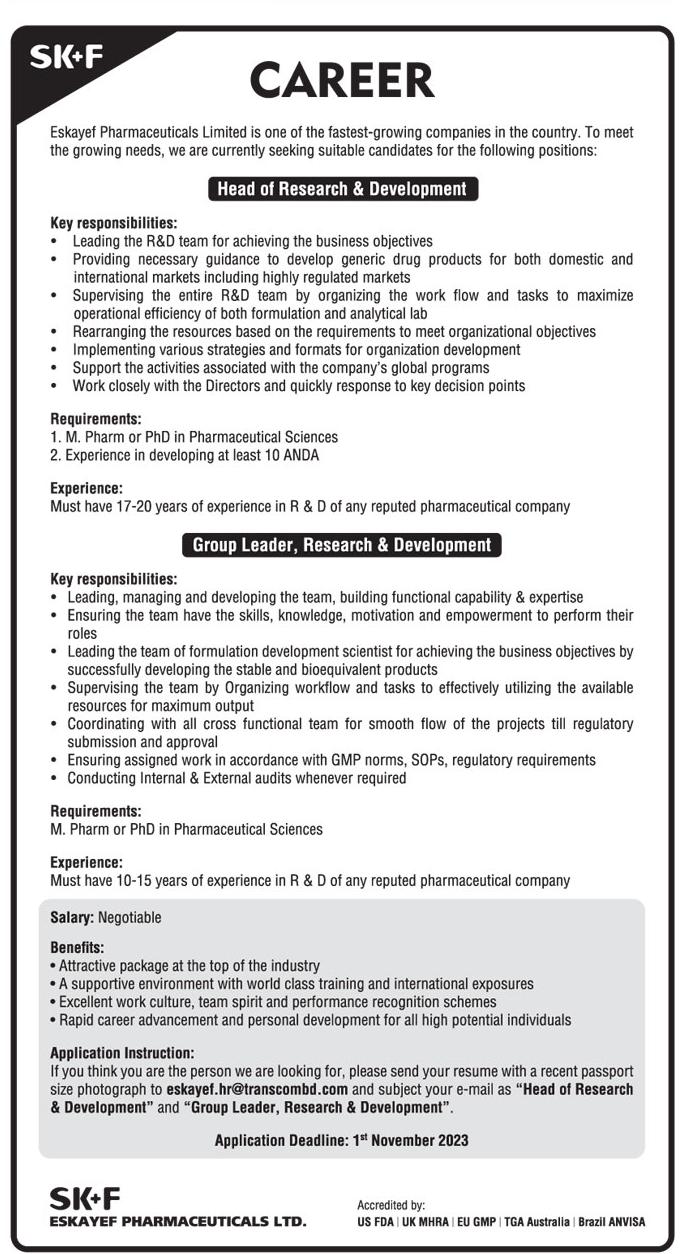 Eskayef Pharmaceuticals Limited, Private Company Job Circular