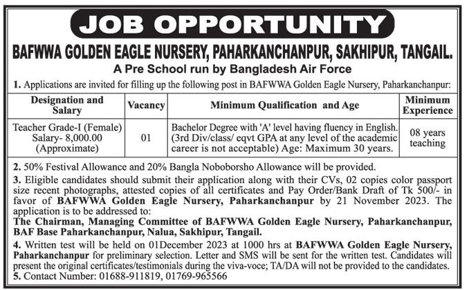 BAFWWA Golden Eagle Nursery School Job Circular