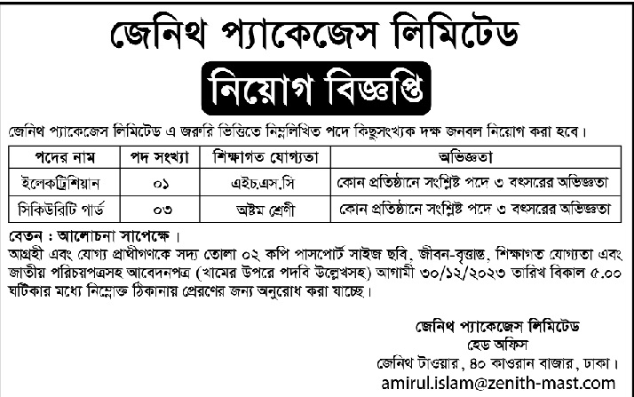Zenith Packages Limited Job Circular